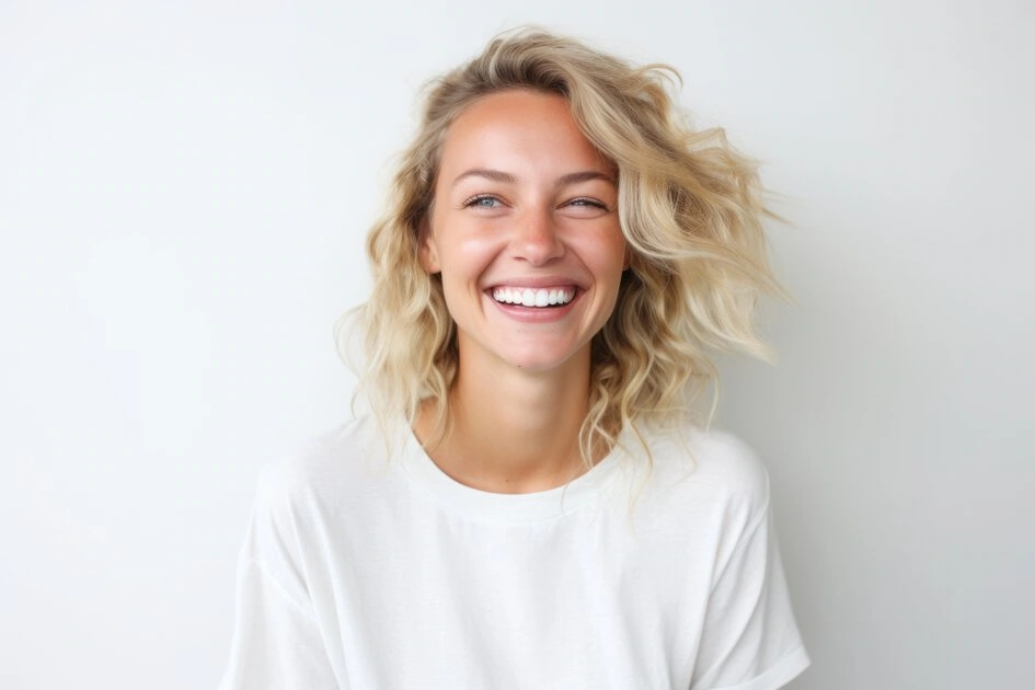a woman smiling with blonde hair