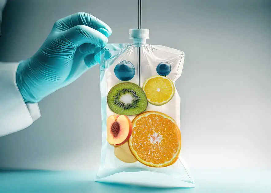 a hand holding a bag of fruit