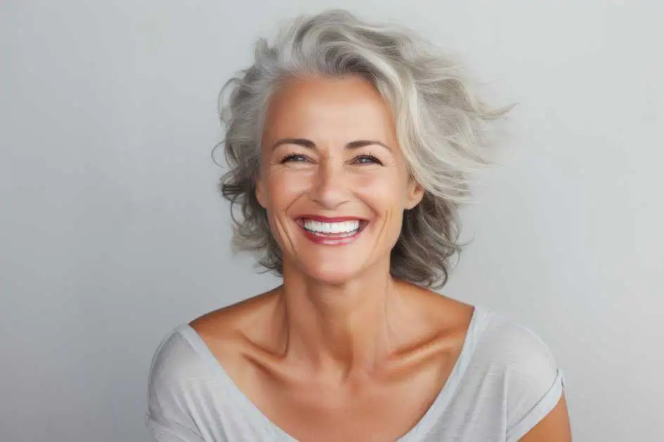 a woman smiling with her hair blowing in the wind